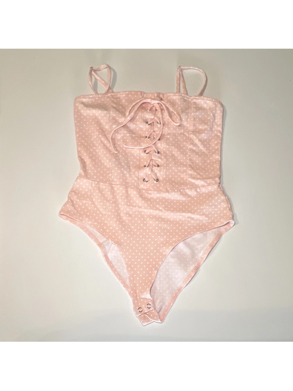 Forever 21 Pink/White Polka Dot Lace-Up Bodysuit Adjustable Strap Size M